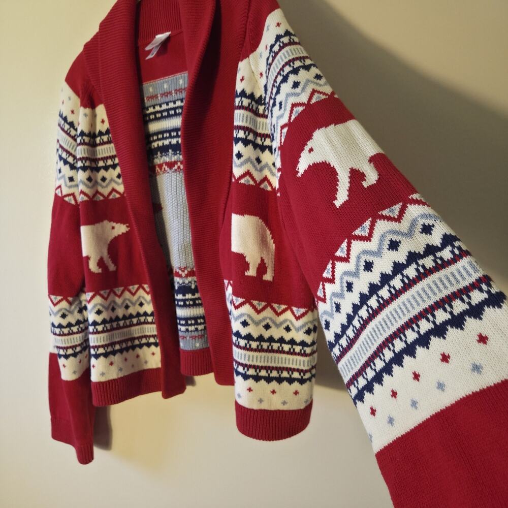 Hannah Andersson Womens M Red Fair Isle Open Cardigan Sweater Polar Bears Cotton - Picture 6 of 10